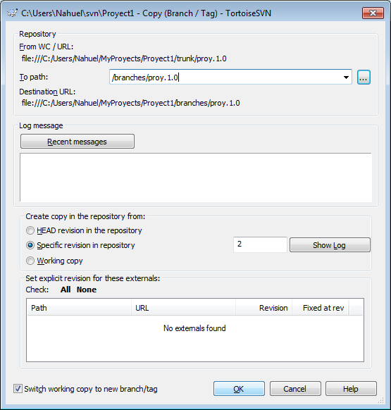 Crear un branch de un proyecto utilizando la herramienta TortoiseSvn